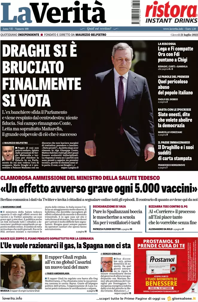 Prime pagine giornali 21 luglio 2022. Requiem per il governo dei “migliori”