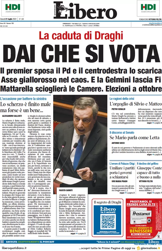 Prime pagine giornali 21 luglio 2022. Requiem per il governo dei “migliori”