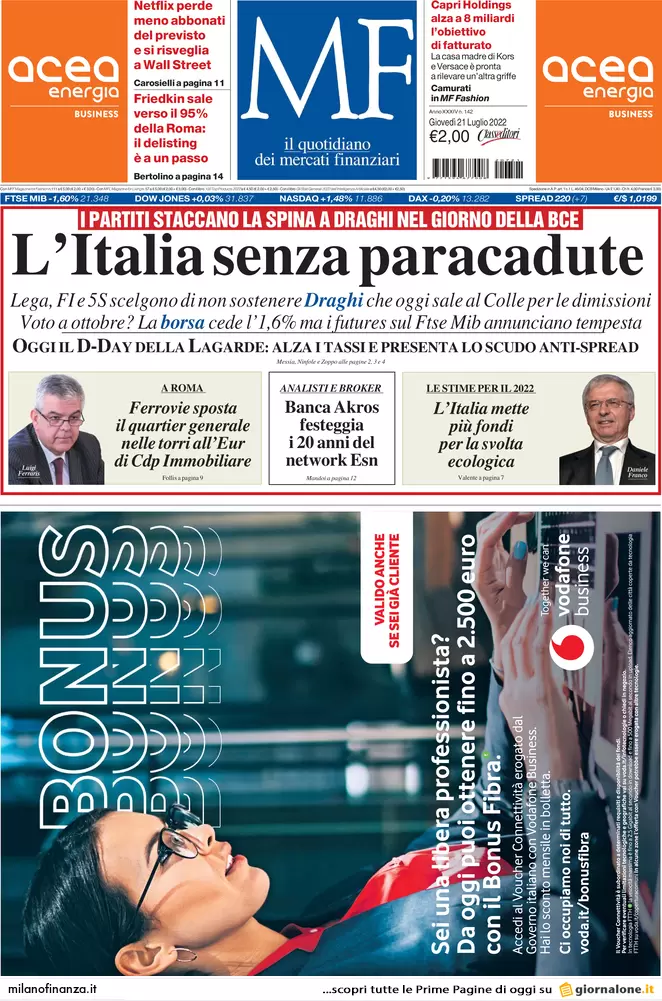 Prime pagine giornali economici 21 luglio. Contributi Inps, versamenti ko Prime pagine giornali economici 21 luglio. Contributi Inps, versamenti ko