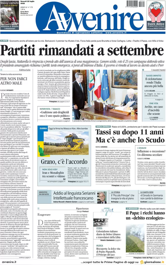 Prime pagine giornali 22 luglio 2022: Via alle grandi manovre verso il voto