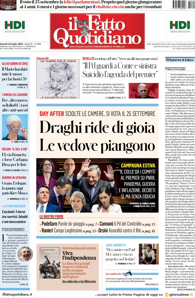 Prime pagine giornali 22 luglio 2022: Via alle grandi manovre verso il voto