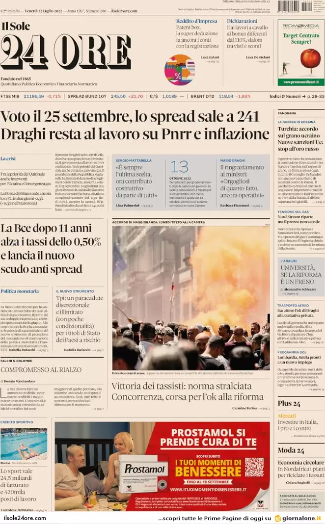 Prime pagine giornali economici 22 luglio. Tassi e scudo “piccino” della Bce Prime pagine giornali economici 22 luglio. Tassi e scudo “piccino” della Bce