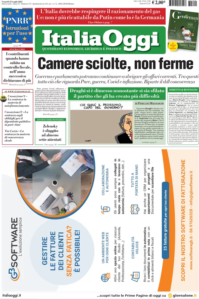 Prime pagine giornali economici 22 luglio. Tassi e scudo “piccino” della Bce Prime pagine giornali economici 22 luglio. Tassi e scudo “piccino” della Bce