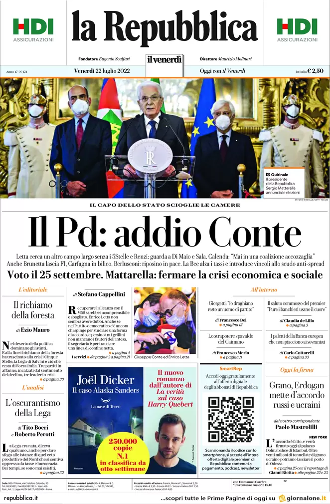 Prime pagine giornali 22 luglio 2022: Via alle grandi manovre verso il voto