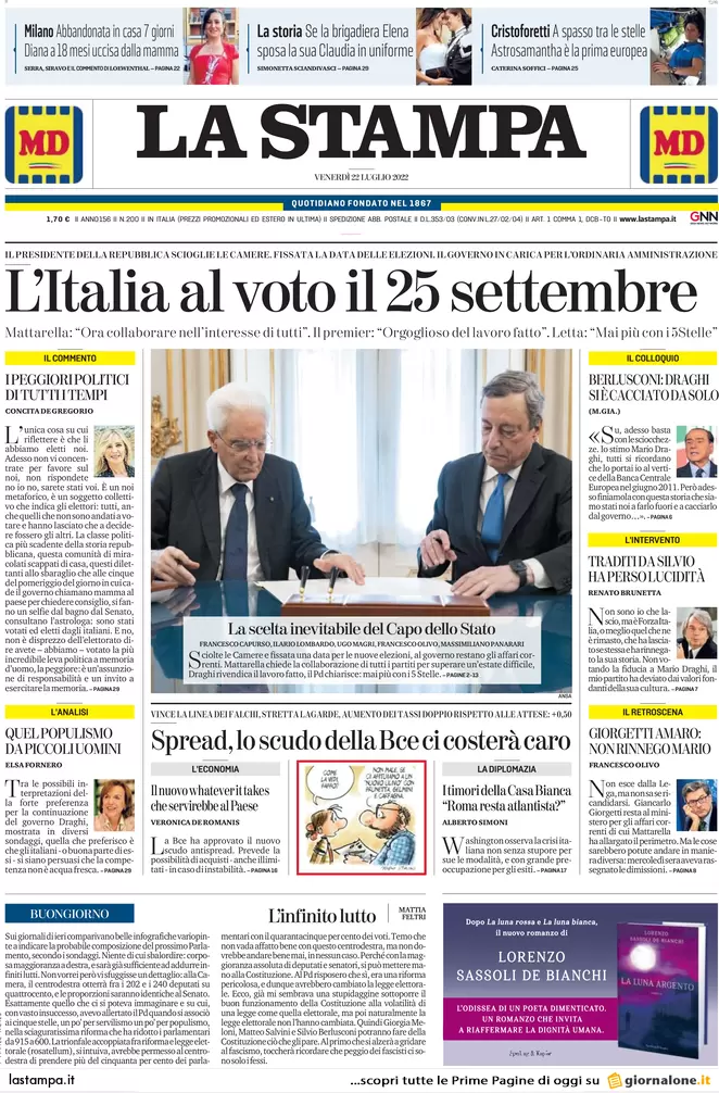 Prime pagine giornali 22 luglio 2022: Via alle grandi manovre verso il voto