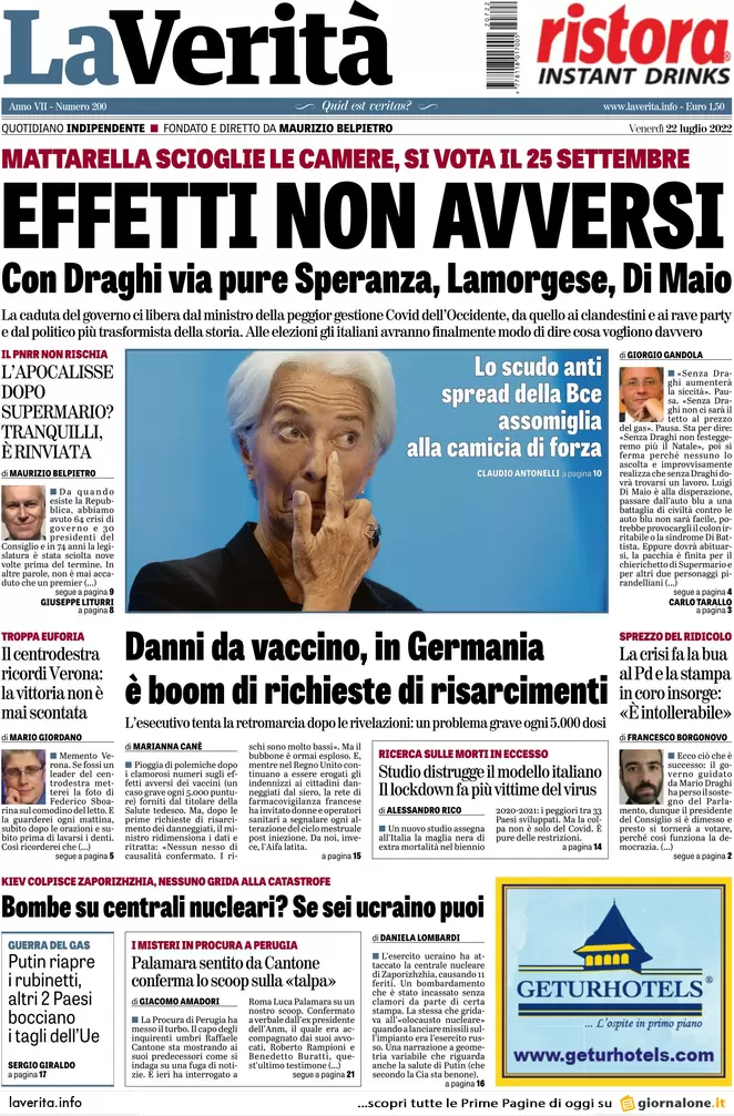Prime pagine giornali 22 luglio 2022: Via alle grandi manovre verso il voto