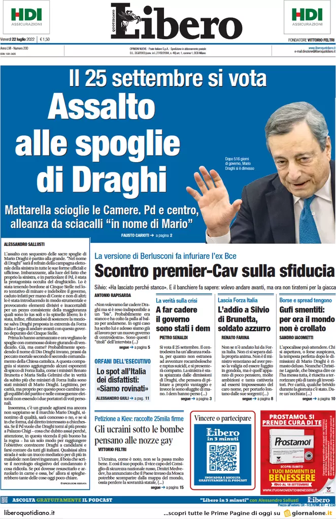 Prime pagine giornali 22 luglio 2022: Via alle grandi manovre verso il voto