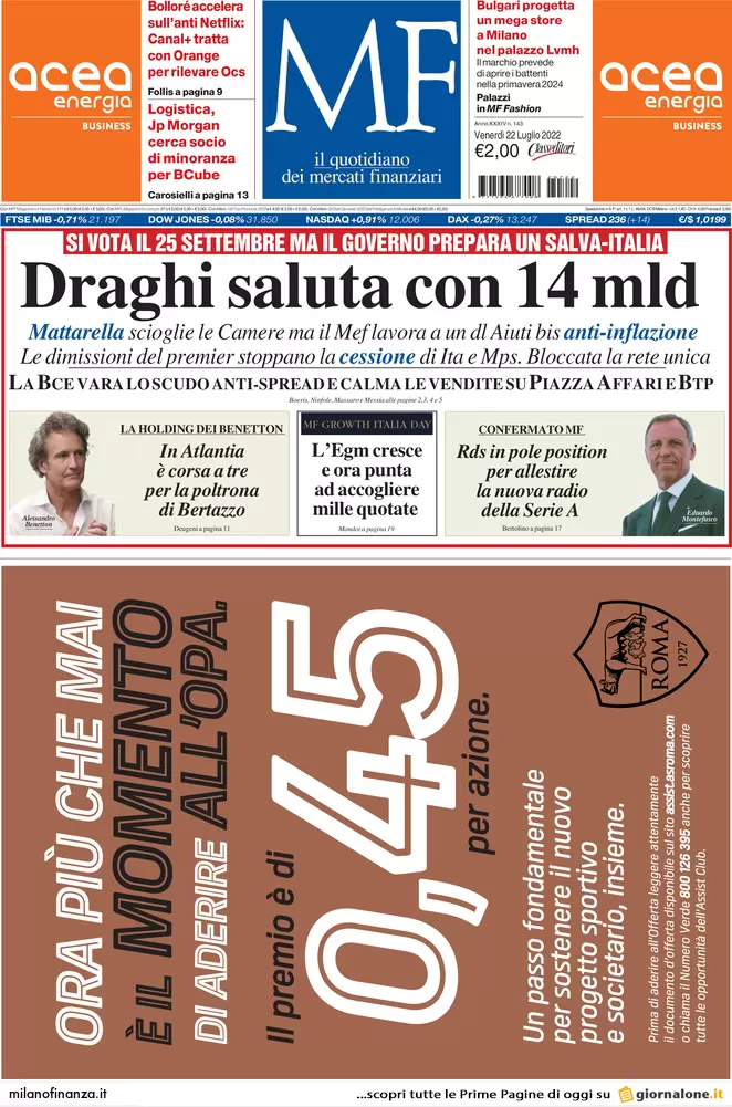 Prime pagine giornali economici 22 luglio. Tassi e scudo “piccino” della Bce Prime pagine giornali economici 22 luglio. Tassi e scudo “piccino” della Bce