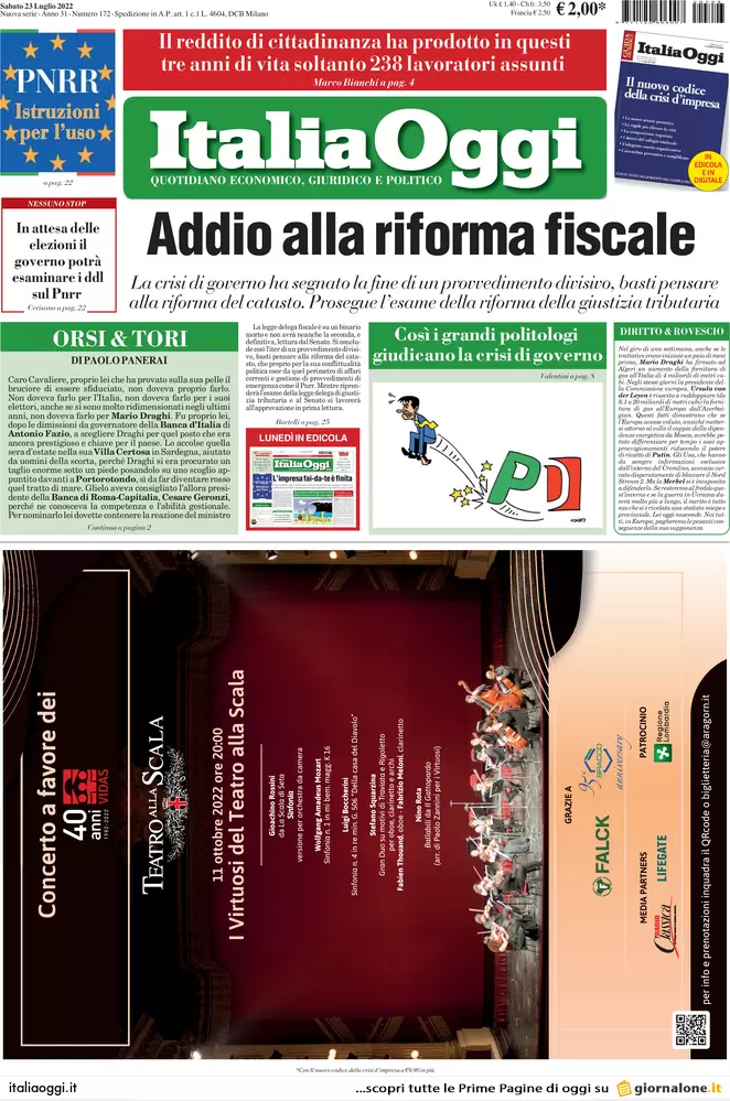 Prime pagine giornali economici 23 luglio. Addio riforma fiscale, finanza Papa Prime pagine giornali economici 23 luglio. Addio riforma fiscale, finanza Papa