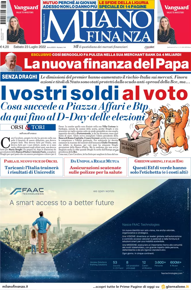 Prime pagine giornali economici 23 luglio. Addio riforma fiscale, finanza Papa Prime pagine giornali economici 23 luglio. Addio riforma fiscale, finanza Papa