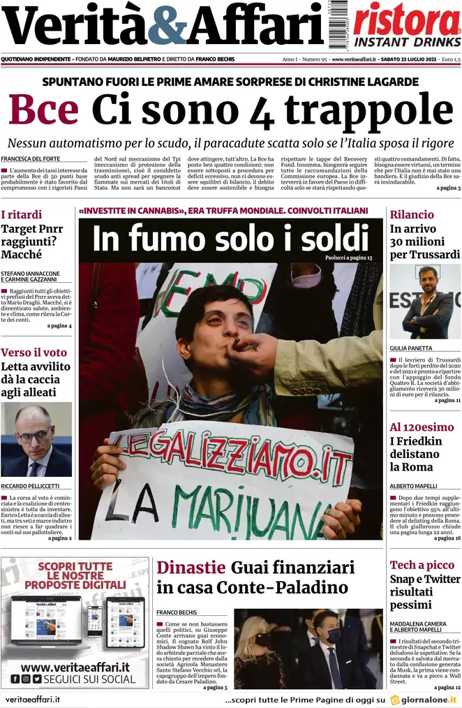 Prime pagine giornali economici 23 luglio. Addio riforma fiscale, finanza Papa Prime pagine giornali economici 23 luglio. Addio riforma fiscale, finanza Papa