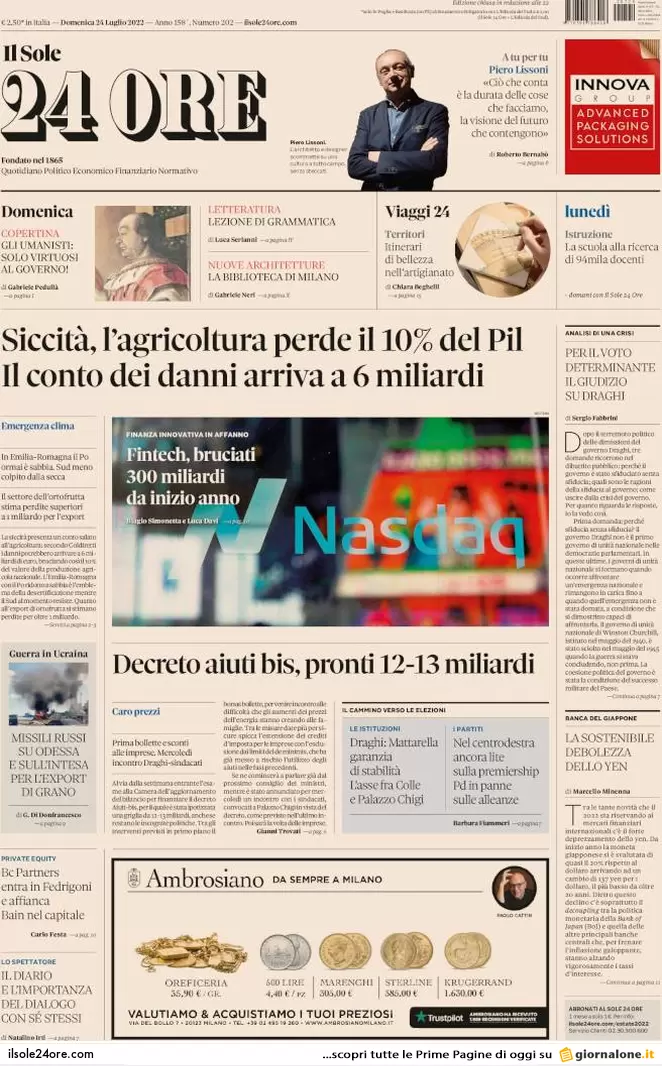Prime pagine giornali 24 luglio 2022. Sfida finale nel M5s, missili sul grano