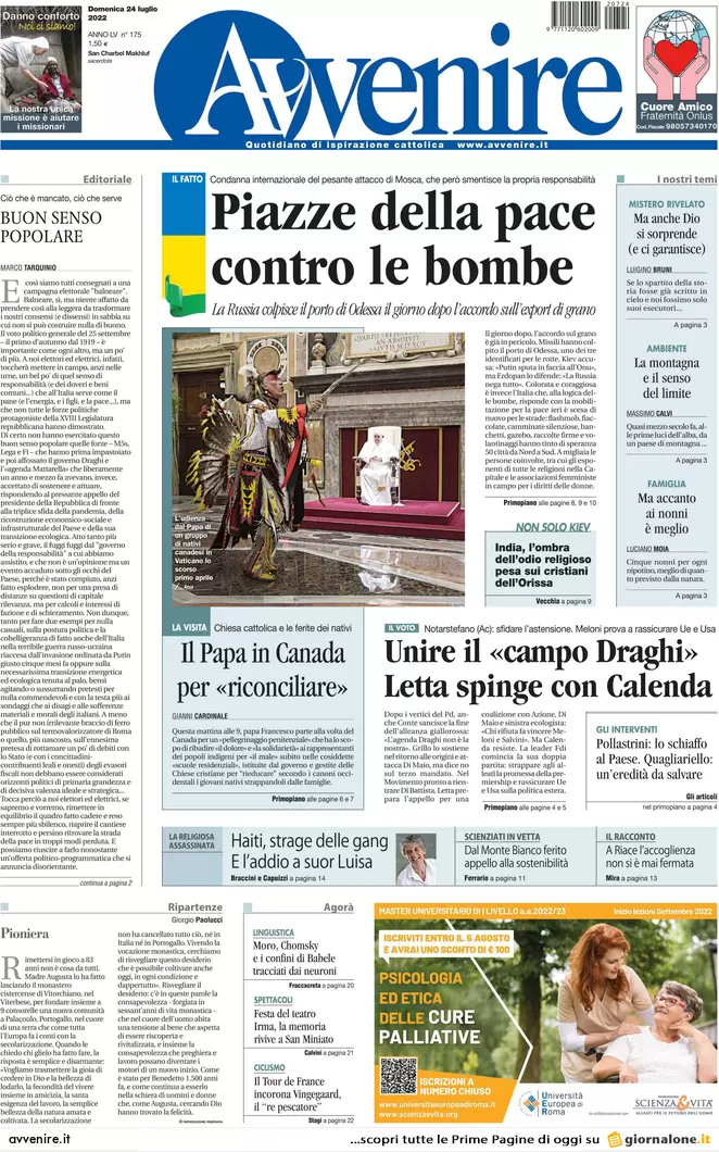 Prime pagine giornali 24 luglio 2022. Sfida finale nel M5s, missili sul grano