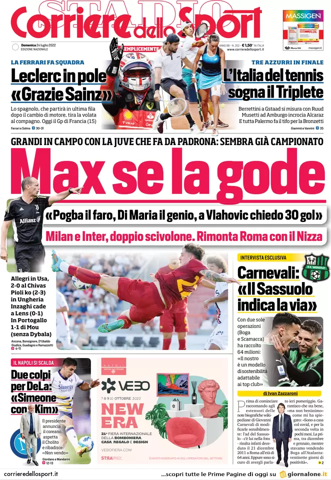 Prime pagine giornali 24 luglio 2022. Sfida finale nel M5s, missili sul grano
