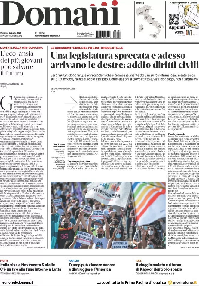 Prime pagine giornali 24 luglio 2022. Sfida finale nel M5s, missili sul grano