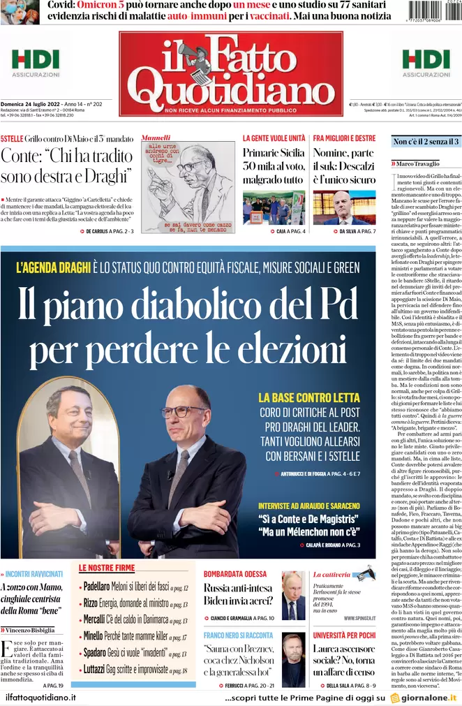 Prime pagine giornali 24 luglio 2022. Sfida finale nel M5s, missili sul grano