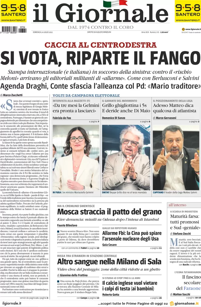 Prime pagine giornali 24 luglio 2022. Sfida finale nel M5s, missili sul grano