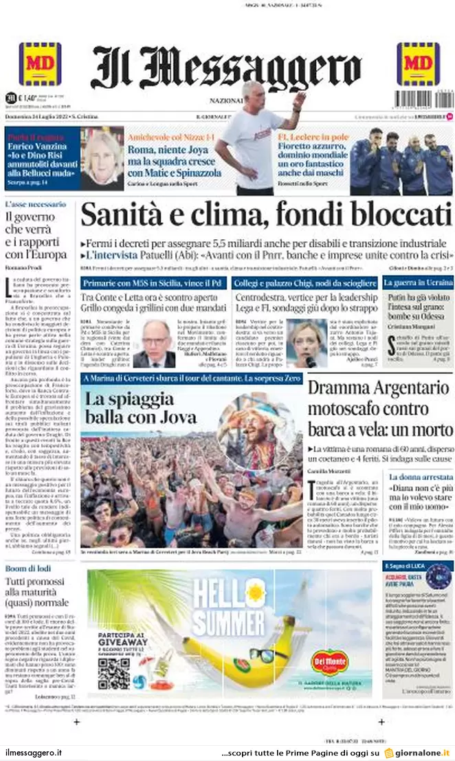 Prime pagine giornali 24 luglio 2022. Sfida finale nel M5s, missili sul grano