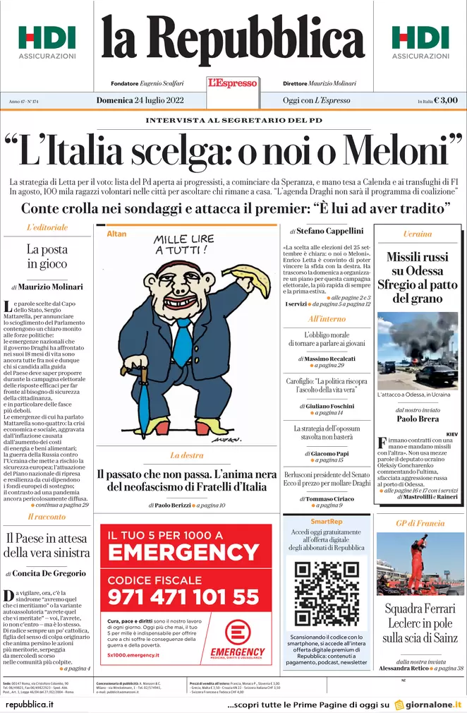 Prime pagine giornali 24 luglio 2022. Sfida finale nel M5s, missili sul grano