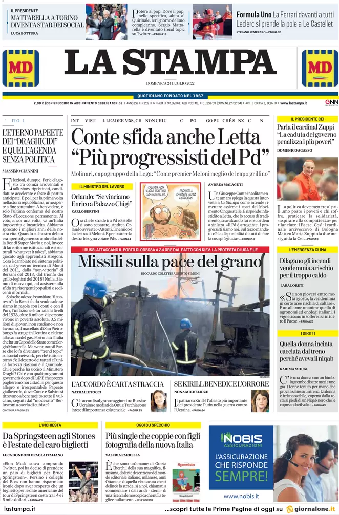 Prime pagine giornali 24 luglio 2022. Sfida finale nel M5s, missili sul grano
