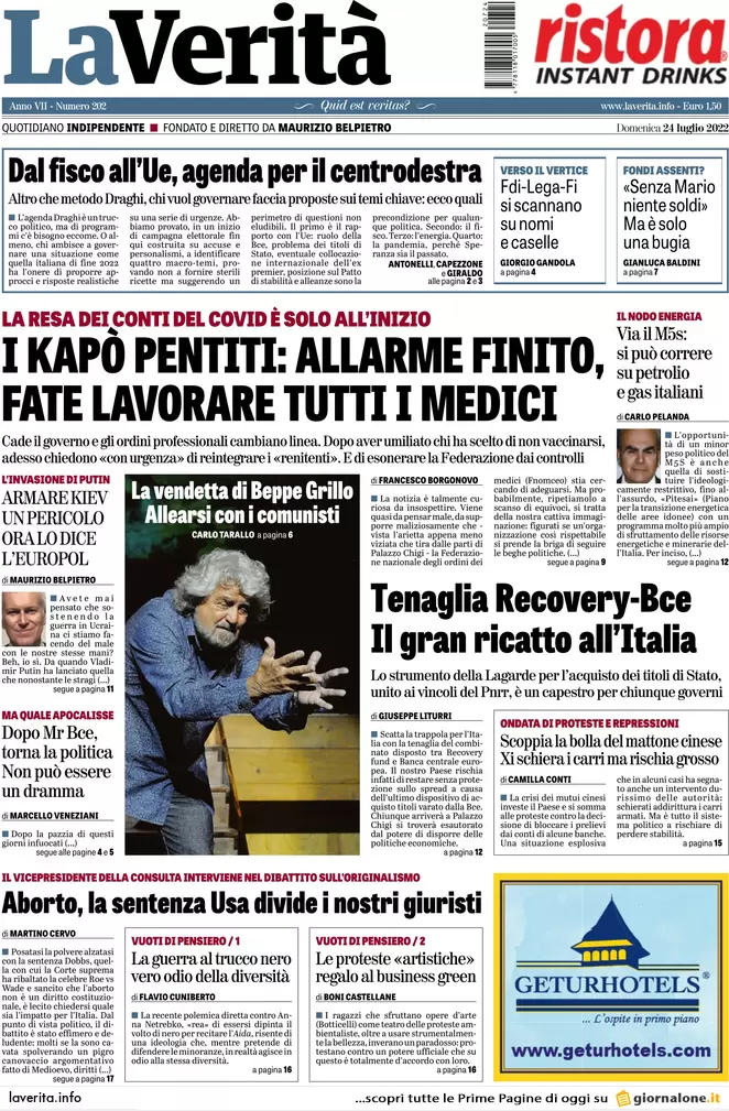 Prime pagine giornali 24 luglio 2022. Sfida finale nel M5s, missili sul grano
