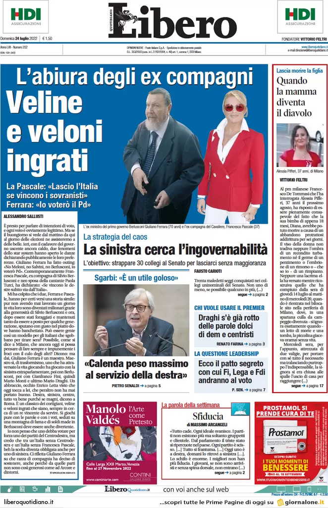 Prime pagine giornali 24 luglio 2022. Sfida finale nel M5s, missili sul grano