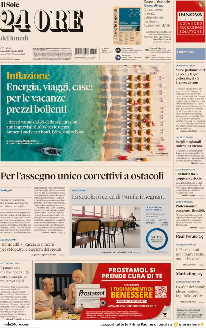 Prime pagine giornali 25 luglio 2022. Tensione destra, campagna acquisti Letta