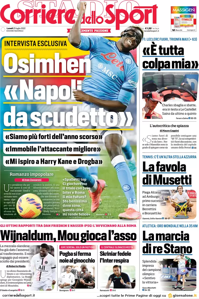 Prime pagine giornali 25 luglio 2022. Tensione destra, campagna acquisti Letta