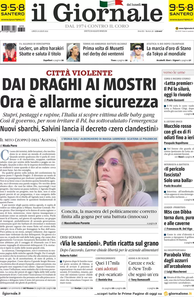 Prime pagine giornali 25 luglio 2022. Tensione destra, campagna acquisti Letta