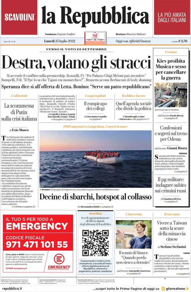 Prime pagine giornali 25 luglio 2022. Tensione destra, campagna acquisti Letta