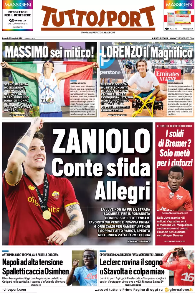 Prime pagine giornali 25 luglio 2022. Tensione destra, campagna acquisti Letta