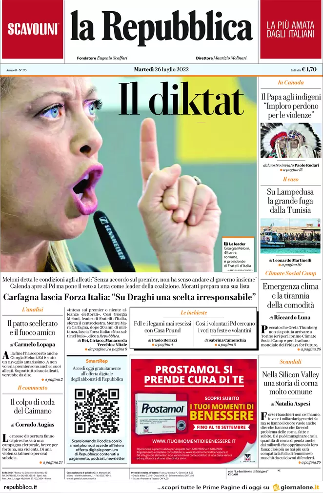 Prime pagine giornali 26 luglio 2022. Diktat di Meloni, mezza Fi da Calenda