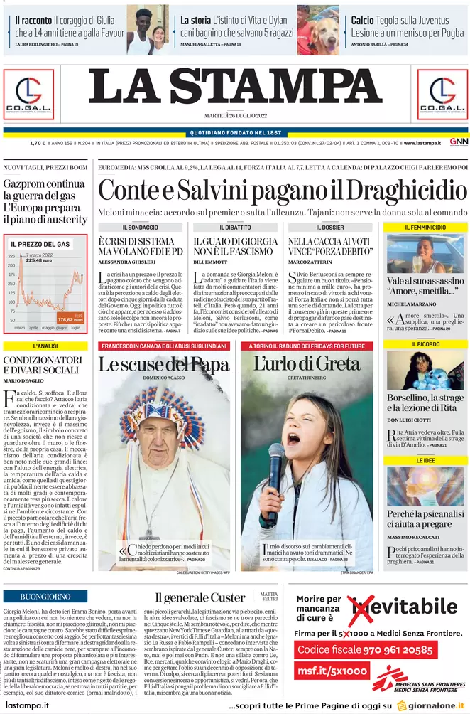 Prime pagine giornali 26 luglio 2022. Diktat di Meloni, mezza Fi da Calenda