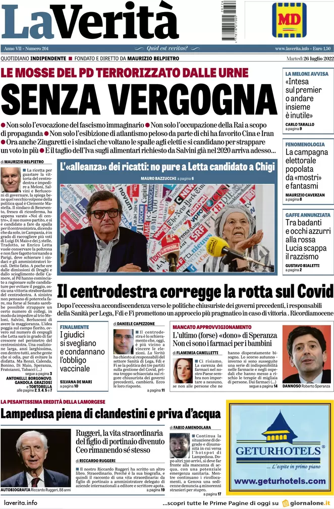 Prime pagine giornali 26 luglio 2022. Diktat di Meloni, mezza Fi da Calenda