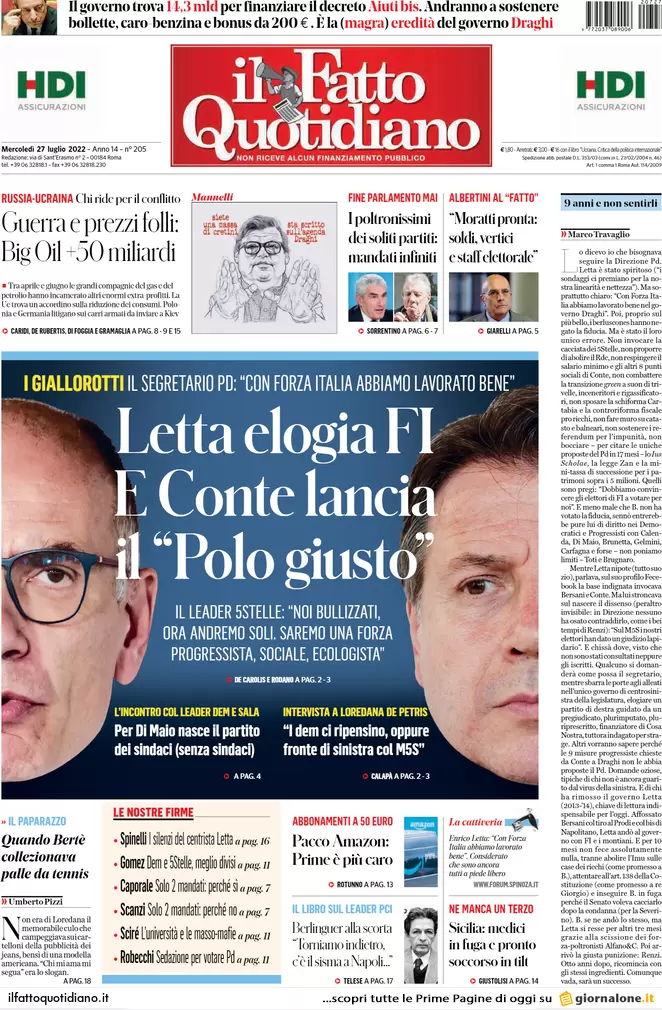 Prime pagine giornali 27 luglio 2022. Coalizioni in cerca d’autore (e premier) Prime pagine giornali 27 luglio 2022. Coalizioni in cerca d’autore (e premier)