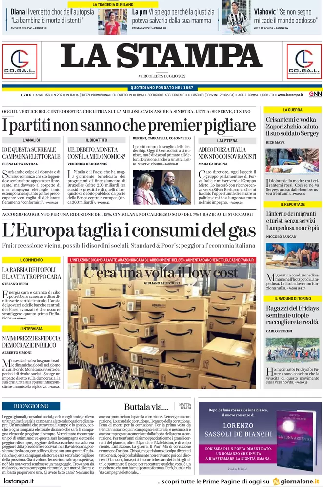 Prime pagine giornali 27 luglio 2022. Coalizioni in cerca d’autore (e premier) Prime pagine giornali 27 luglio 2022. Coalizioni in cerca d’autore (e premier)
