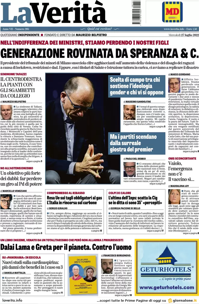 Prime pagine giornali 27 luglio 2022. Coalizioni in cerca d’autore (e premier) Prime pagine giornali 27 luglio 2022. Coalizioni in cerca d’autore (e premier)