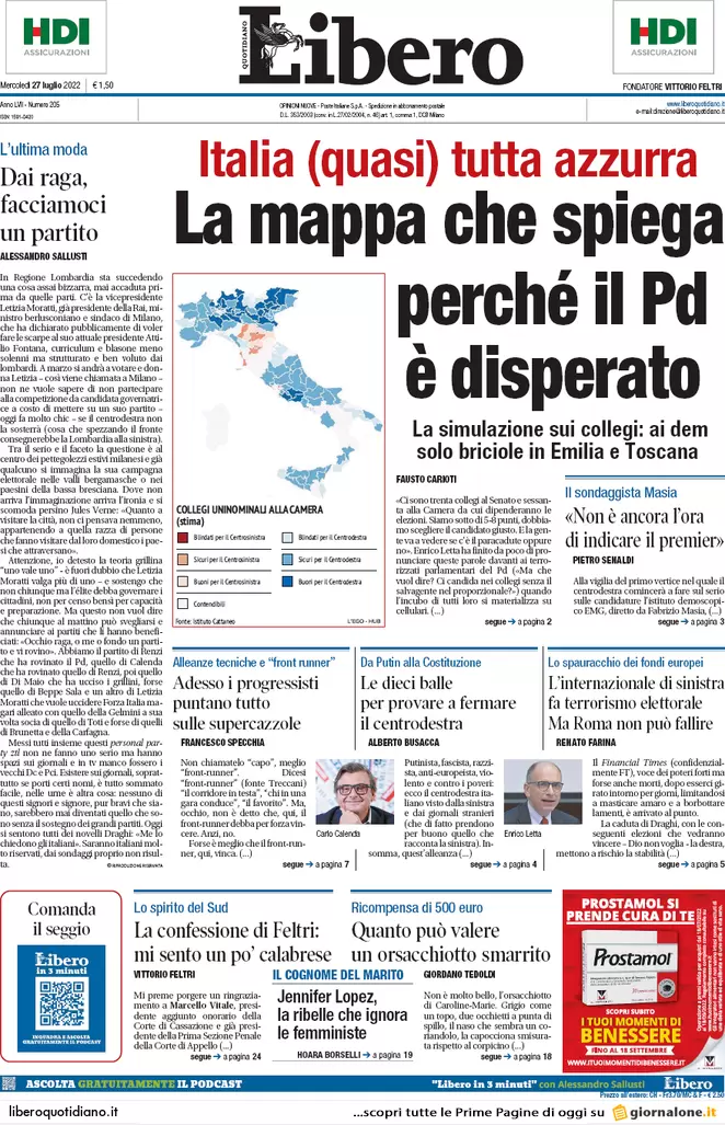 Prime pagine giornali 27 luglio 2022. Coalizioni in cerca d’autore (e premier) Prime pagine giornali 27 luglio 2022. Coalizioni in cerca d’autore (e premier)