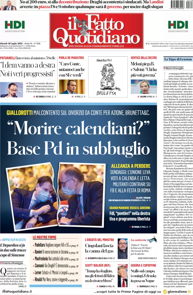 Prime pagine giornali 28 luglio 2022. Accordo a destra, si tratta a sinistra Prime pagine giornali 28 luglio 2022. Accordo a destra, si tratta a sinistra