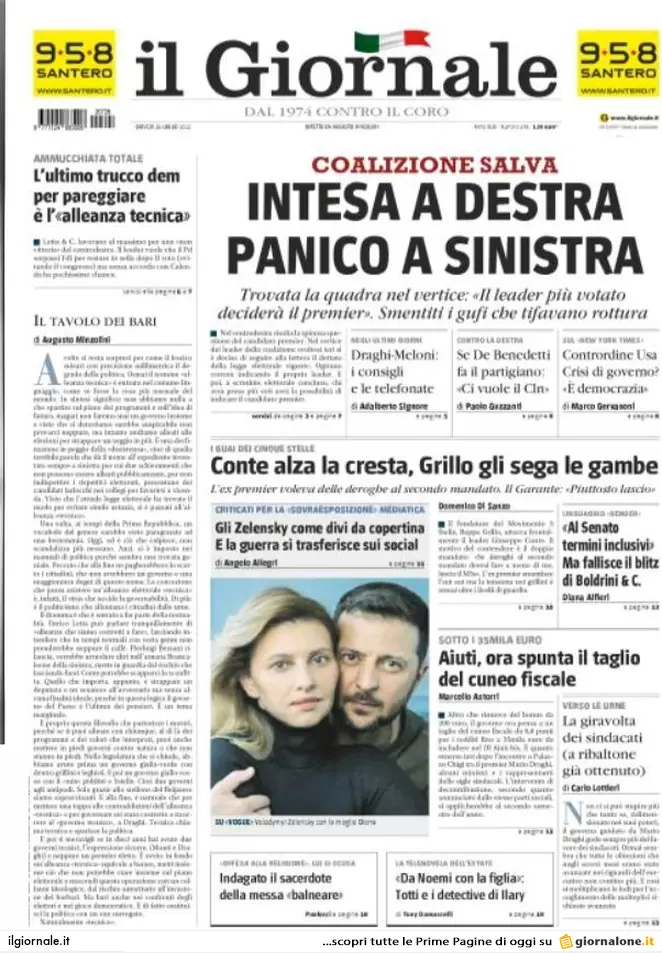 Prime pagine giornali 28 luglio 2022. Accordo a destra, si tratta a sinistra Prime pagine giornali 28 luglio 2022. Accordo a destra, si tratta a sinistra