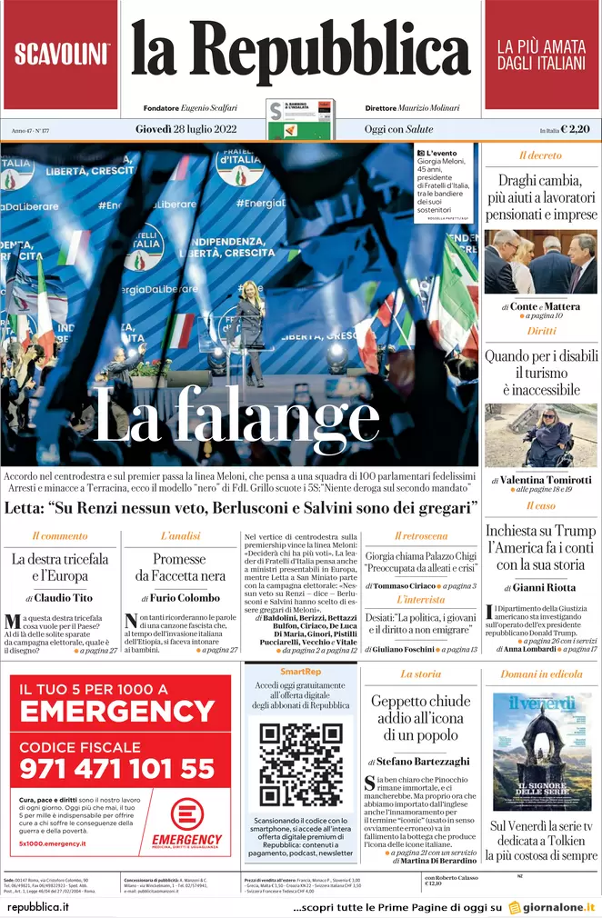 Prime pagine giornali 28 luglio 2022. Accordo a destra, si tratta a sinistra Prime pagine giornali 28 luglio 2022. Accordo a destra, si tratta a sinistra