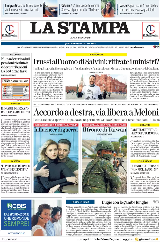 Prime pagine giornali 28 luglio 2022. Accordo a destra, si tratta a sinistra Prime pagine giornali 28 luglio 2022. Accordo a destra, si tratta a sinistra