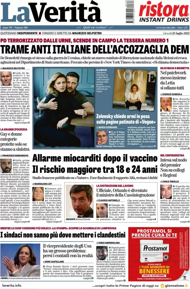 Prime pagine giornali 28 luglio 2022. Accordo a destra, si tratta a sinistra Prime pagine giornali 28 luglio 2022. Accordo a destra, si tratta a sinistra