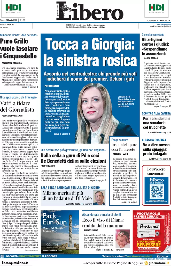 Prime pagine giornali 28 luglio 2022. Accordo a destra, si tratta a sinistra Prime pagine giornali 28 luglio 2022. Accordo a destra, si tratta a sinistra