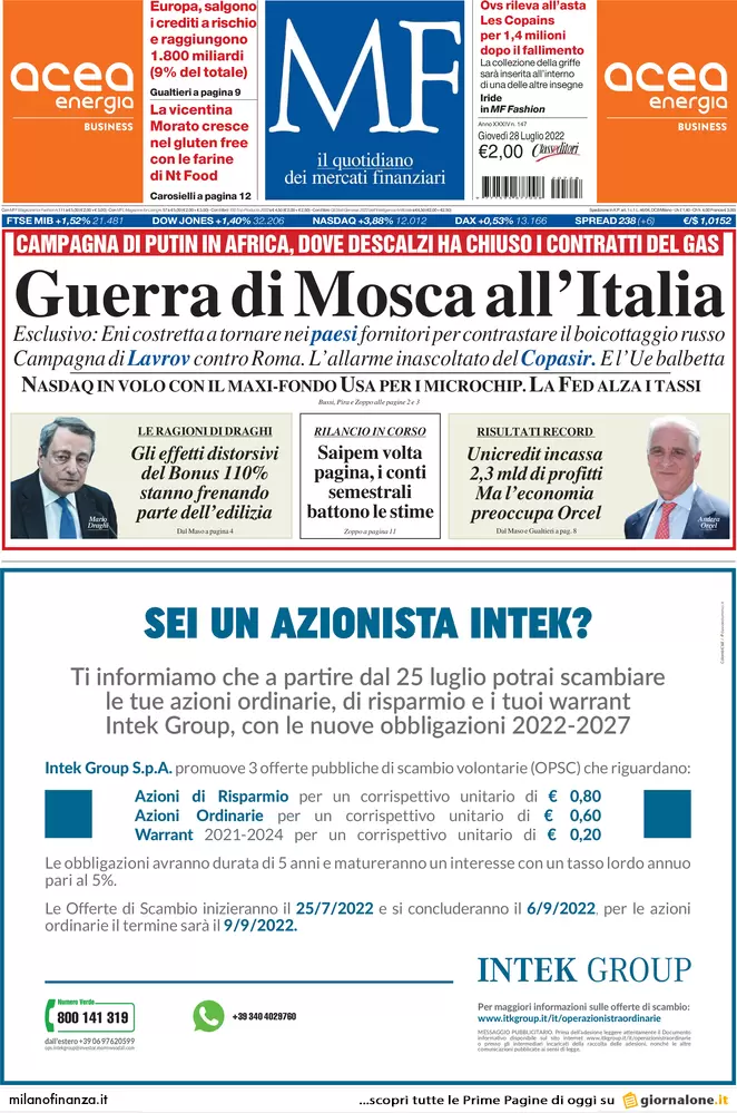 Prime pagine giornali economici 28 luglio. Rialzi al gas e taglio del cuneo Prime pagine giornali economici 28 luglio. Rialzi al gas e taglio del cuneo