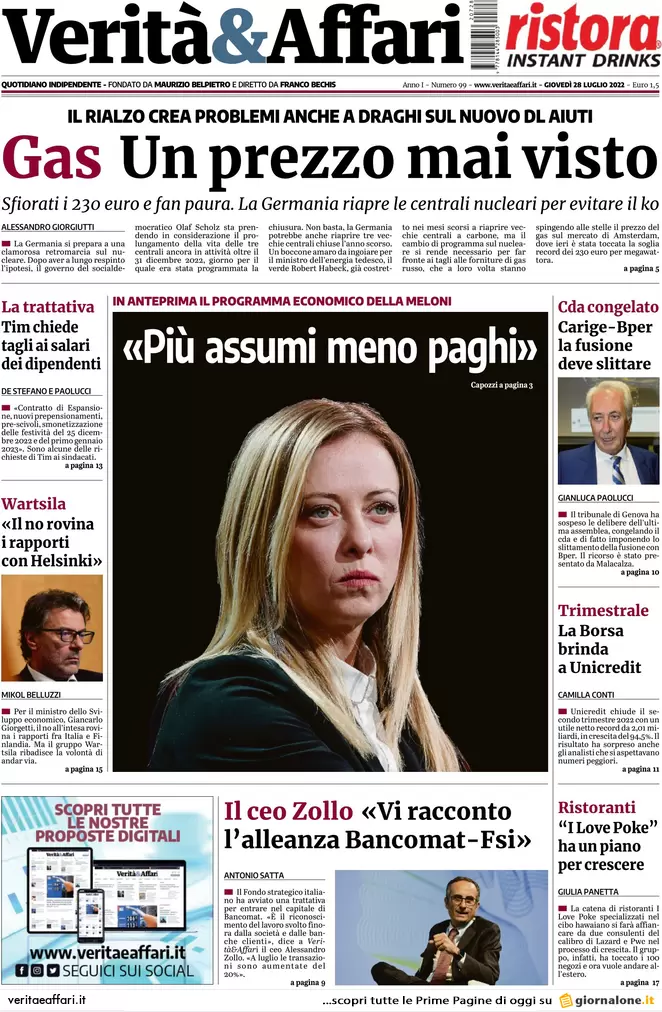 Prime pagine giornali economici 28 luglio. Rialzi al gas e taglio del cuneo Prime pagine giornali economici 28 luglio. Rialzi al gas e taglio del cuneo