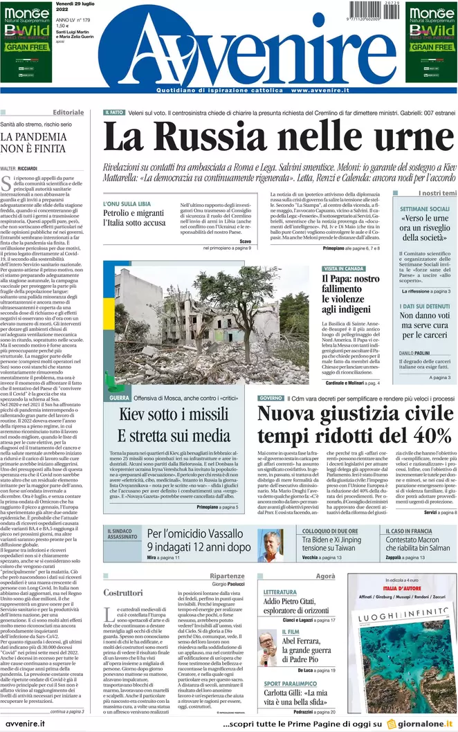 Prime pagine giornali 29 luglio 2022. Tra ombre russe, servizi e sospetti Prime pagine giornali 29 luglio 2022. Tra ombre russe, servizi e sospetti