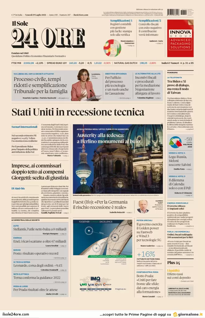 Prime pagine giornali economici 29 luglio. Recessione Usa e austerity tedesca Prime pagine giornali economici 29 luglio. Recessione Usa e austerity tedesca