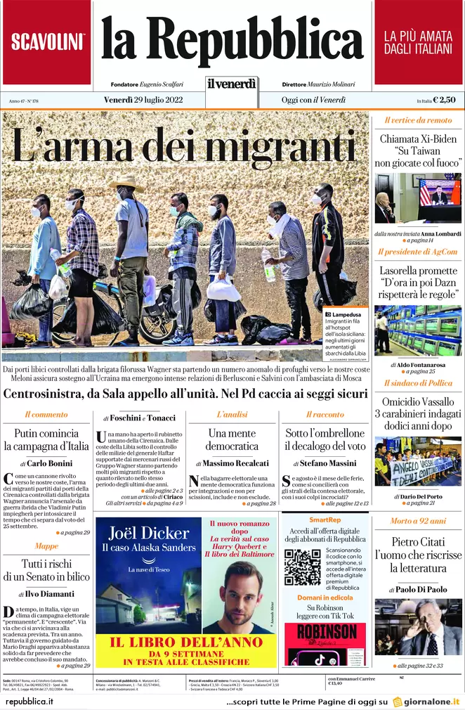 Prime pagine giornali 29 luglio 2022. Tra ombre russe, servizi e sospetti Prime pagine giornali 29 luglio 2022. Tra ombre russe, servizi e sospetti