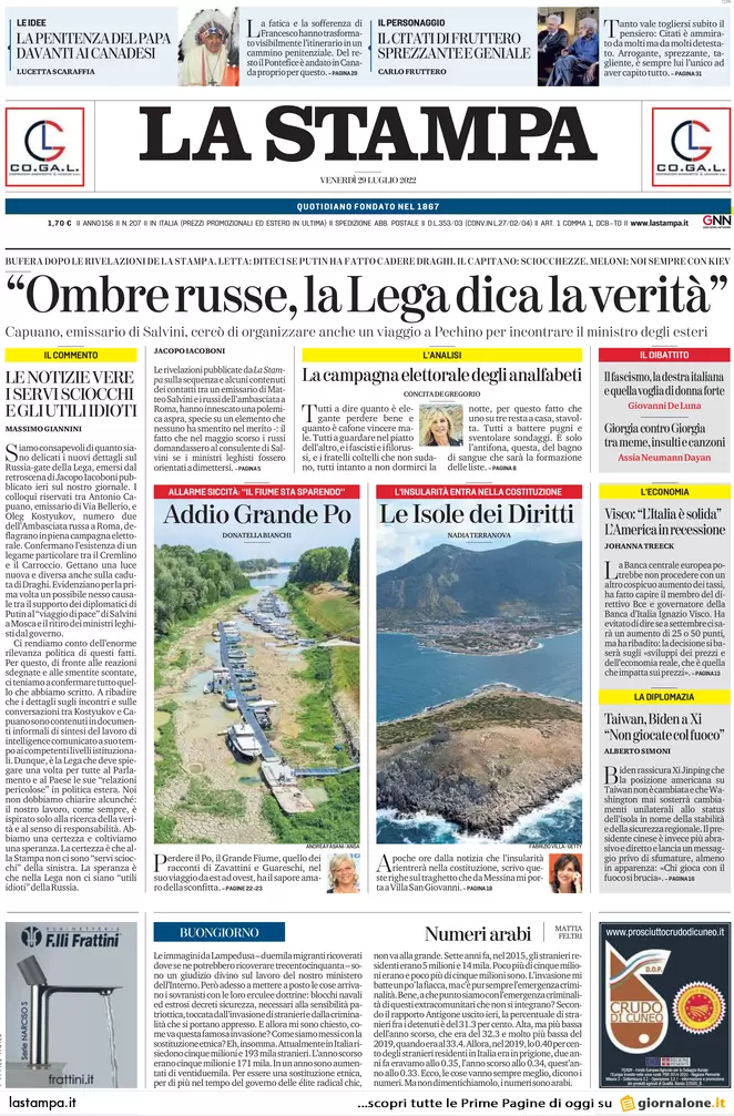 Prime pagine giornali 29 luglio 2022. Tra ombre russe, servizi e sospetti Prime pagine giornali 29 luglio 2022. Tra ombre russe, servizi e sospetti